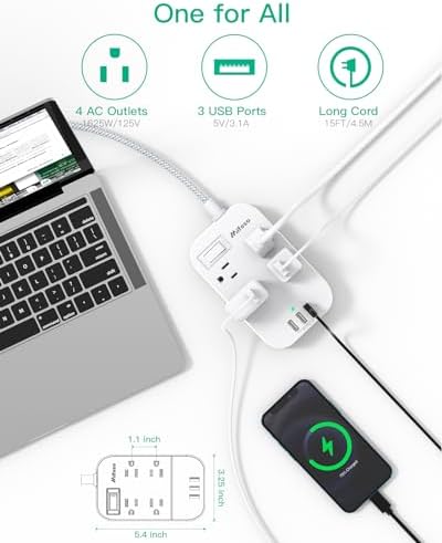 Versatile 10 Ft Braided Power Strip with Flat Plug – 4 Outlets & 3 USB Charging Ports for Effortless Device Management, Overload Protection, and Space-Saving Wall Mount Design for Home and Office Use