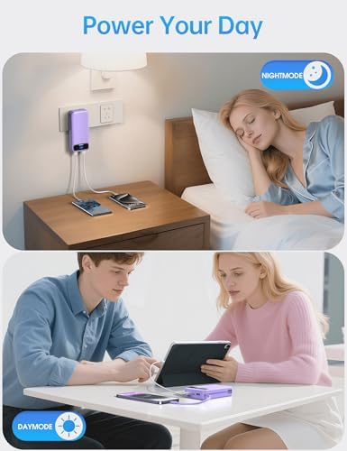 Ultra-Compact 12000 m Ah Power Bank with Built-in Charging Cables & AC Plug – 20 W PD Fast Charging for i Phone, Samsung, Android, USB-C Devices – Travel-Friendly External Battery Pack in Purple – Unmatched Portability and Efficiency for On-the-Go Charging Solutions