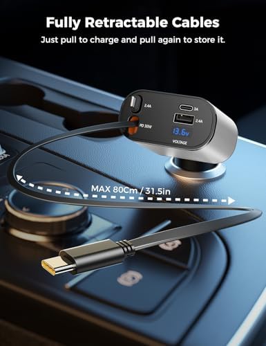 Introducing the SUPERONE 4-in-1 Retractable Fast Car Charger: Ultimate On-the-Go Charging Solution for i Phone, Galaxy & Pixel Devices – Featuring 2.6 ft Tangle-Free Cord, Enhanced USB C & Apple Compatibility, and Sleek Design for Effortless Portability. Experience lightning-fast charging to keep your devices powered during road trips or daily commutes, ensuring you’re always connected. This innovative retractable charger is engineered for maximum efficiency, accommodating a wide range of smartphones including i Phone 16, 15/15 Pro Max, 14, 13, 12, 11 and popular Galaxy and Pixel models. With its compact construction and high-quality materials, this charger not only enhances your charging experience but also withstands everyday wear and tear. Elevate your mobile charging with the SUPERONE car charger – where convenience meets cutting-edge technology for busy professionals and families on the move.