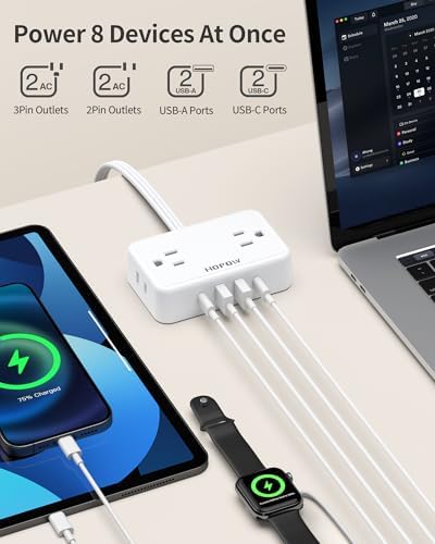 Ultra Slim 6 Ft Flat Plug Extension Cord – Travel-Friendly Power Strip with 4 Wide-Spaced AC Outlets & 4 USB Ports (2 USB-C) for Fast Charging – Ideal for Cruise Ships, Home & Office Use, No Surge Protection Required