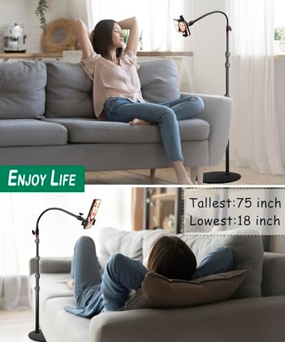 Phone Overhead Stand, Gooseneck Phone Floor Stand, Tall Video Cell Phone Mount with Height Adjustable Stand, Heavy Base, 360 Head, Works with iPhone 16, 16 Pro Max, 16 Plus, 15, 14, 13 – Enhanced Compatibility and Speed
