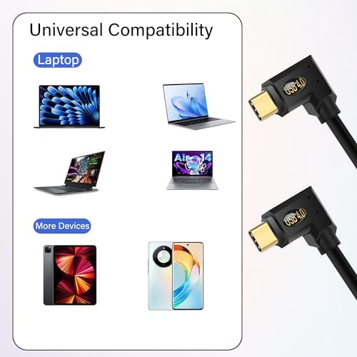 Right-Angled USB C to USB C Extension Cable – 90 Degree USB 4.0 Connector for 240 W Fast Charging and High-Speed Data Transfer – Perfect for Tight Spaces; Ideal for Laptops, Tablets, and Mobile Devices – Enhanced Multimedia Support and Strain Relief Design