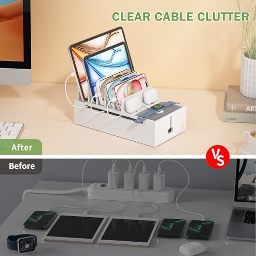 Pezin & Hulin Eco-Friendly Bamboo Cable Management Box – Sleek Desktop Organizer with 6 Cables for Tidy Charging Station, Stylish Wire Organizer for Electronic Devices, Enhances Workspace Efficiency and Aesthetics