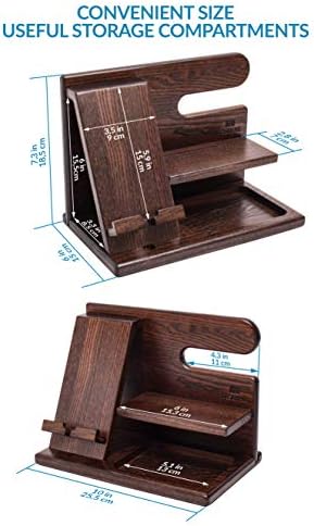 TESLYAR Wood Phone Docking Station for Men – Desktop or Nightstand Organizer – Birthday Gifts for Men, Dad – Anniversary Idea from Wife – Key Holder, Stand Wallet, Watch & Essentials (Antique Brown) – Enhanced Compatibility and Speed