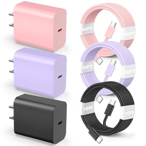 Ultimate 10 Ft USB C Fast Charging Cable Trio for i Phone 16 & 15 Series – 60 W Power Delivery, Sleek Purple, Pink & Black, Enhanced Compatibility for i Pad Pro, Mac Book Air & Samsung Devices – Unmatched Speed & Durability for On-the-Go Charging