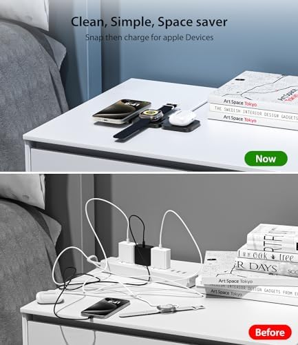 Magnetic 3-in-1 Wireless Charging Station for i Phone 15/14/13/12 Pro Max, Apple Watch 9/8/7/6/5/4/3/2 SE, and Air Pods Pro 3/2 – Fast, Portable, and Stylish Charger for All Your Apple Devices (Black) – Ultimate Charging Convenience with Enhanced Compatibility and Foldable Design