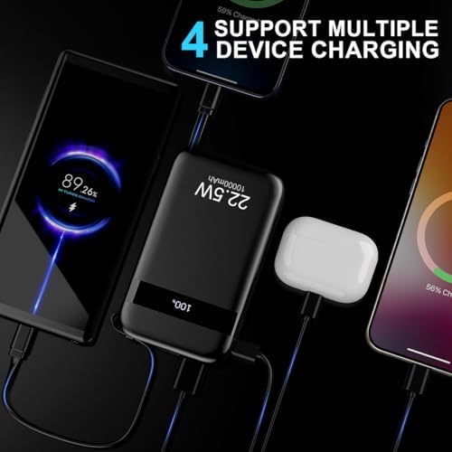 Ultra-Compact 10,000 m Ah Power Bank with Built-in Cables – Fast 22.5 W Charging, 4 Outputs, Dual Inputs, LED Power Indicator for i Phone, Samsung, Android & More – Perfect for On-the-Go Charging Solutions