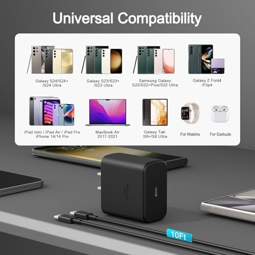 Dual Pack 45 W Samsung Type C Super Fast Charger – Rapid Power Delivery for Galaxy S25 Ultra/S25/S24/S23/S22 & Galaxy Tab with 10 FT USB C Charging Cables – Optimal PPS Technology & Enhanced Compatibility for Efficient Charging Solutions