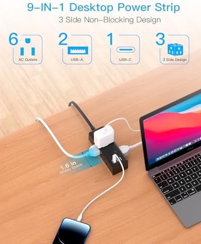 5 Ft Versatile Power Strip with 6 AC Outlets & 3 USB Ports, including USB-C – Compact Flat Plug Extension Cord for Efficient Charging in Dorm Rooms, Travel, and Home Offices – Surge Protector for Enhanced Device Safety and Connectivity