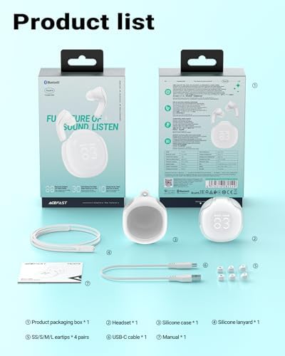 ACEFAST T9 True Wireless Bluetooth Earbuds – Advanced 5.3 Connectivity with Enhanced ENC Noise Cancellation for Optimal Sound Experience, 30-Hour Battery Life, and IPX4 Waterproof Design – Elegant White Finish with Integrated Microphone and LED Battery Display for Effortless Calls and Music Enjoyment Anywhere