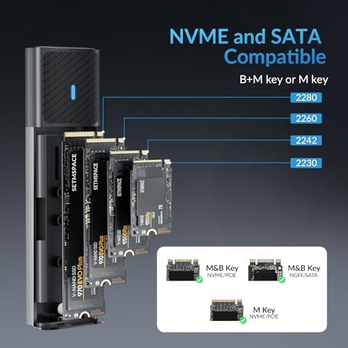 Tool-Free M.2 SSD Enclosure for NVMe & SATA Drives – Ultra-Fast USB C/USB A Adapter with 11.81-Inch Cable, Compact Aluminum Design for Enhanced Heat Dissipation and Compatibility with M-Key/B+M Key – Ideal for Gamers and Content Creators