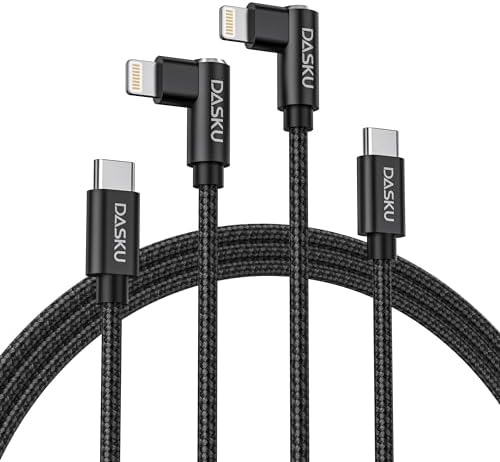 Dasku 3 FT 90-Degree USB C to Lightning Charging Cable – Fast 20 W Nylon Braided Cord for i Phone 14/13/Pro/12/Max/11/XS/XR/8/Plus – Ultimate Durability & Efficient Data Sync for Tight Spaces