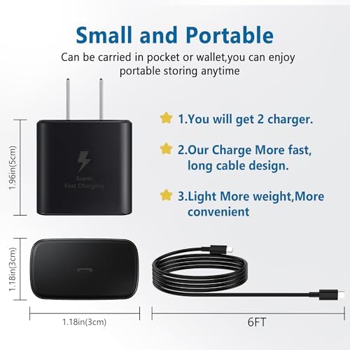 Dual Pack 45 W Samsung Super Fast USB-C Wall Charger – Optimal Charging Block for Galaxy S25 Series, S24, S23, S22, S21, S20, and Note 20 with 2 x 6 ft Cables – Unmatched Speed and Versatility for On-the-Go Power Needs