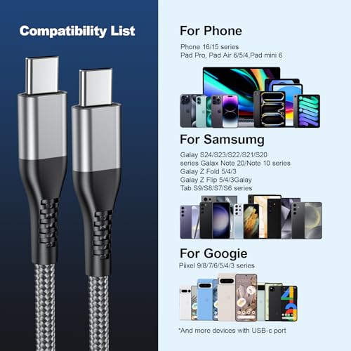 Premium 10 FT USB C to USB C Charger Cable – Dual Pack 100 W Fast Charging, Nylon Braided Design for i Phone 16 Series, Mac Book, and Samsung Galaxy S24 – Stylish Pink Color for Enhanced Durability and Flexibility