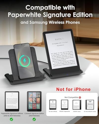 Portable Foldable Wireless Charging Stand for Kindle Colorsoft & Paperwhite Signature Editions (2022/2024) and Samsung Devices – Fast Charge Dock with Non-Slip Design for Home & Travel Convenience
