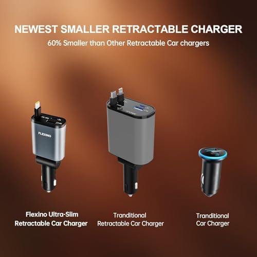 Ultra-Slim Flexino Retractable Car Charger – 57 W Fast Charge for i Phone 16/15, Galaxy, Pixel – Dual USB-C Ports for Concurrent Charging – Compact & Tangle-Free Design – Essential Travel Accessory for Seamless Connectivity