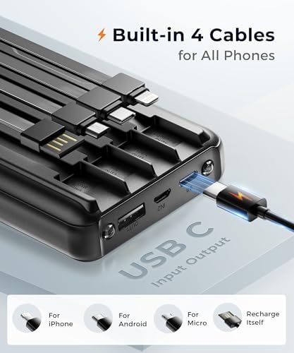 Ultra-Fast Portable Charger with Built-In Cables & LED Display – 10000 m Ah Power Bank for Multiple Devices, 22.5 W Super Speed Charging, Slim Design for Travel & Emergency Use – Compatible with i Phone 16/15/14/13/12, Samsung Galaxy, Google Pixel & More (Purple) – Ultimate Convenience & Safety Features