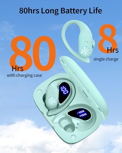 Poc Buds Wireless Bluetooth Earbuds – 80 Hours Playtime, Deep Bass Sound with Digital Display, IPX7 Waterproof Sports Earphones, Ergonomic Earhooks for Secure Fit, Compatible with TV, Phone & Laptop – Stylish Olive Design for Active Lifestyles