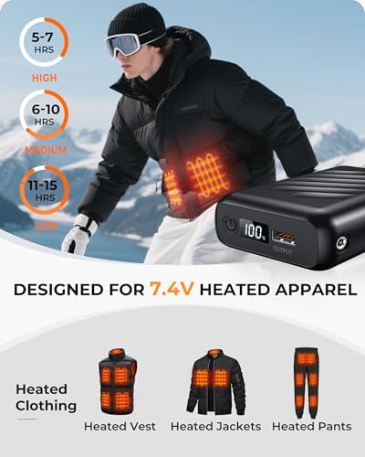 High-Capacity 20000 m Ah 7.4 V Heated Vest Battery Pack with LED Display and Dual DC Adapter Compatibility for ORORO & Venustas – Ultimate Power Solution for Heated Clothing, Ideal for Travel and Outdoor Use, Safe and Reliable Performance