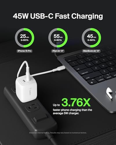 Belkin 45 W Dual USB-C Fast Charger Block with Ga N Technology – Rapid PD3.0 Charging for i Phone 16, Samsung Galaxy S25, i Pad, Mac Book & Nintendo Switch 2 – Compact Design for Travel & Enhanced Device Compatibility – Sleek White Finish for Modern Aesthetics