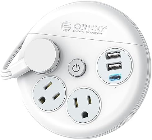 Compact ORICO Travel Power Strip with 3 AC Outlets & 3 Fast USB Ports (1 USB-C) – Space-Saving Flat Plug Extension Cord for Effortless Charging on Cruises, Hotels & Airports – Essential Travel Accessory in Sleek White Design