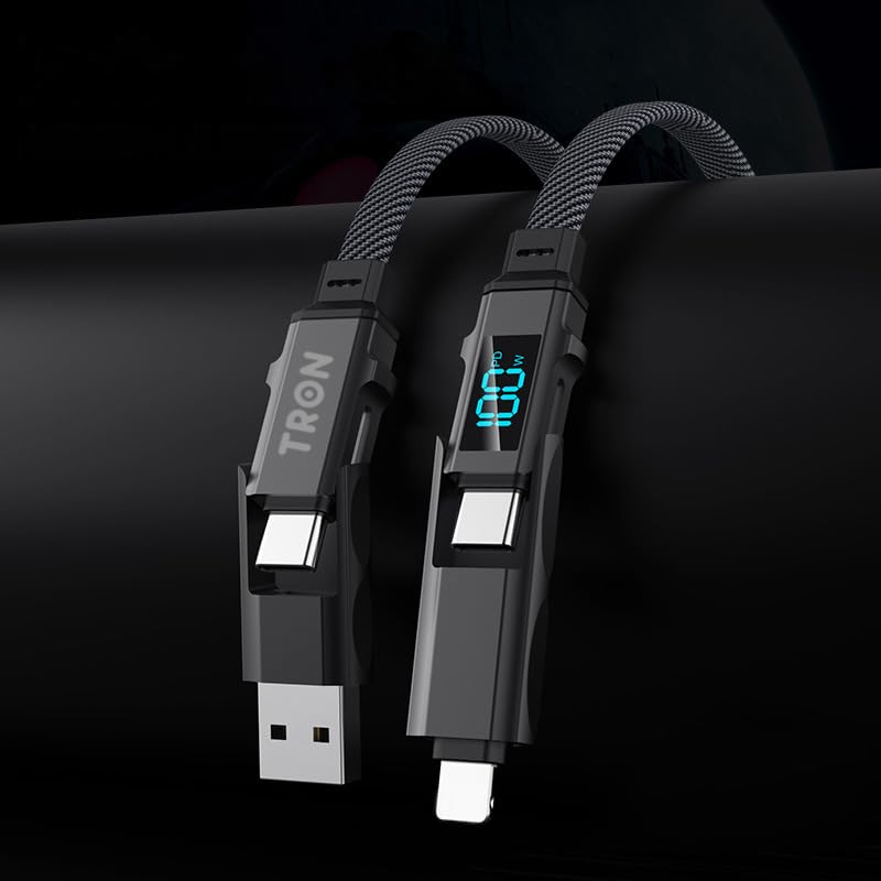 Universal TRON 4-in-1 100 W Braided Charging Cable with LCD Display – 5 FT Type-C, USB-A, Lightning Connector for i Phone, i Pad, Samsung, and Laptop – Ultimate Fast Charging Solution and Enhanced Device Compatibility
