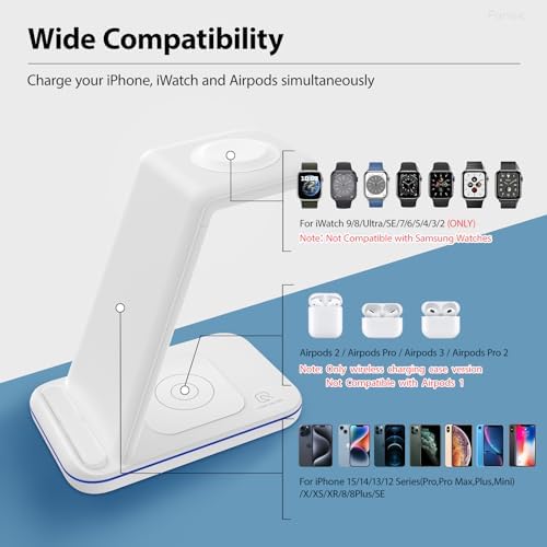 3-in-1 Wireless Charging Station for Apple Devices – Fast Magnetic Charger for i Phone 15/14/13/12/Pro Max/SE/11/XS/XR/8, Apple Watch 9-2, and Air Pods – Streamlined Power Solution for Home and Travel – Sleek, Compact Design for Enhanced Compatibility and Speed