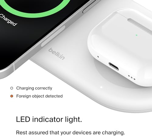 Belkin 15 W Mag Safe-Compatible 2-in-1 Wireless Charging Station – Fast Dual Device Charger for i Phone 16, 15, 14, 13 Series & Air Pods – Sleek Sand Design for Effortless Portability and Seamless Power Solutions