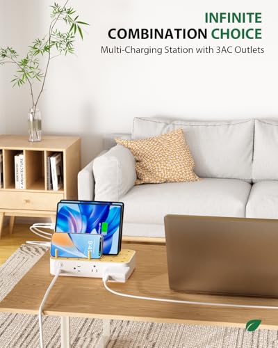 Eco-Friendly Bamboo USB-C Charging Hub – 60 W 6-Port Multi-Device Dock with 3 AC Outlets, 3 USB-C, 3 USB-A Ports, 6 Mixed Cables Included, 6.6 ft Power Cord for i Phones, i Pads & Tablets – Fast, Efficient Charging Solution with Elegant Design