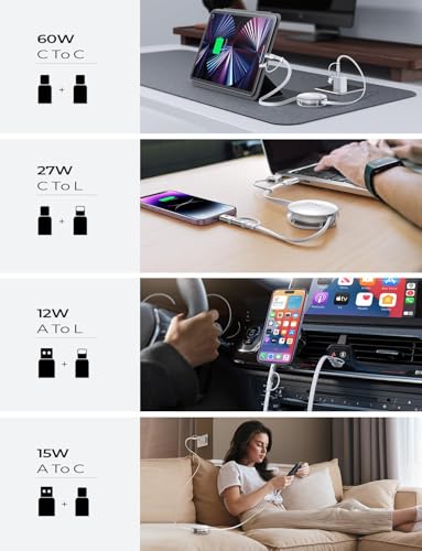 LISEN 5-in-1 Retractable Fast Charging Cable – 60 W Multi-Device Charger for i Phone, i Pad & Samsung with USB-C/A Ports – Compact and Portable Charging Solution for On-the-Go Power Needs