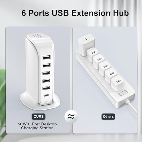 Upoy Multi-Device Charging Station – Stylish USB Tower Hub with 5 USB Ports + 1 Type-C Port for Rapid Charging | Perfect Desk Accessory for Apple, Samsung, and Android Gadgets | Compact Design with Overload Protection for Home and Office Use