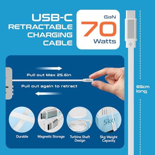 Universal Travel Power Adapter with 45 W PD Retractable USB-C Cable – Ultimate Multi-Device Charger for Global Use – Compatible with Laptops, Smartphones & Cameras – Essential Travel Accessory for US, EU & UK Adventures – Compact Design for Hassle-Free Charging