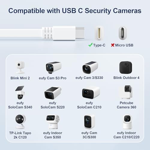 Itramax USB A to USB C Cable Flat White 16.5FT/2Pack,Long USBC Charging Power Cord Type C Security Camera Extension Cable for Blink Mini 2,Petcube Cam 360,TP-Link Tapo 2k C120,Eufy SoloCam C210/S340 – Enhanced Compatibility and Speed
