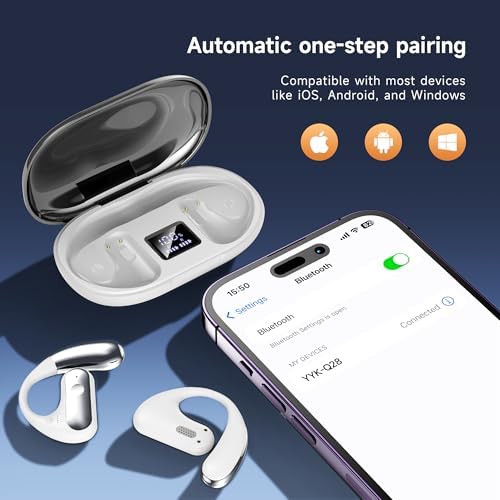 Unleash Your Workout Potential with Open Ear Bluetooth 5.4 Sport Earbuds – 40 Hours of Playtime, IPX7 Waterproof for Ultimate Durability, Deep Bass Sound for Immersive Audio Experience, Built-in Mic for Hands-Free Calls – Ergonomically Designed for Comfort and Stability, Chic White Charging Case with LED Display for On-the-Go Convenience