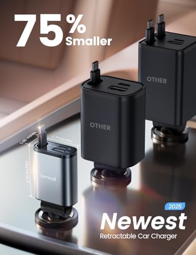 Ultra-Compact Lamicall Retractable Car Charger – 57 W USB-C Fast Charging for i Phone 16, Galaxy S25, Pixel Android | Space-Saving Design with Enhanced Compatibility & Safety Features for Quick On-the-Go Charging