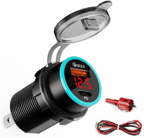 20 W Dual-Port USB-C Car Charger with Power Delivery & Quick Charge 3.0 – LED Voltage Display for Real-Time Monitoring – High-Speed Charging for i Phone, Samsung, and Android Devices in 12 V/24 V Vehicles – Ideal for Family Trips and Daily Commuting