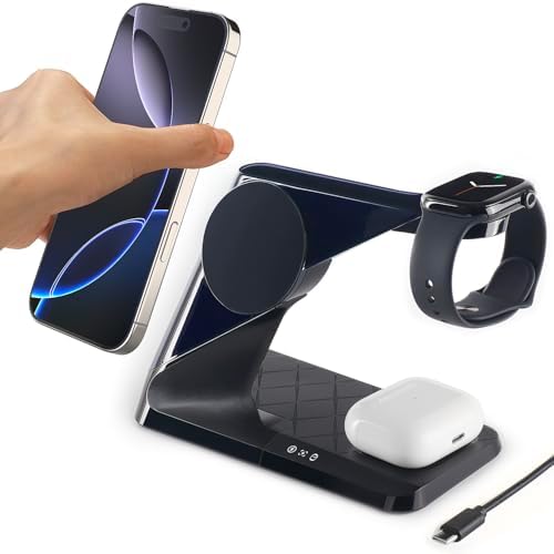 All-in-One Wireless Charging Hub for Apple Devices – Fast Mag-Safe Charger Stand for i Phone 16/15/14/13/12 Series, Air Pods & Apple Watch – Streamlined Design for Home & Office Efficiency