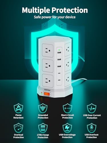 High-Capacity Surge Protector Power Tower with 12 AC Outlets & 5 USB Ports Including Dual USB-C – 6.5 FT Flat Extension Cord for Optimal Placement – 1875 W/15 A Performance and 1700 J Surge Protection for Home, Office, or Dorm Use