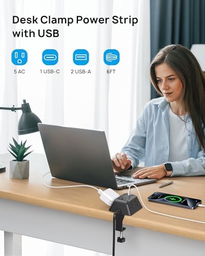 Ultimate Desk Clamp Power Strip: 5 AC Outlets & 3 USB Fast Charging Ports, Mountable Surge Protector for Home Office & Gaming, Fits 1.97″ Thick Table Edges, 6 FT Flexible Extension Cord, Enhance Productivity & Organize Your Workspace