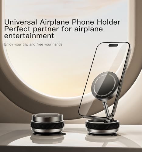 Magnetic Vacuum Foldable Phone Holder – 360° Adjustable Travel Companion with Strong Suction & Nano Adhesive for Airplane & Train Use – Durable Alloy Base for Smooth Surfaces – Ultimate Portable Mobile Mount in Sleek Black Finish