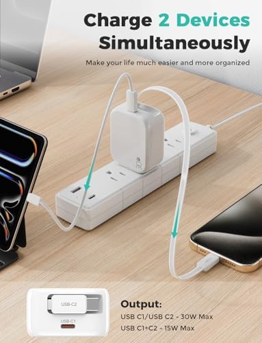 Compact Retractable 2-in-1 Wall Charger with USB-C and 27-inch Cable – 30 W Fast Charging Adapter for i Phone 16/15, i Pad, Galaxy & Pixel – Sleek Black, Perfect for Travel and Enhanced Device Compatibility