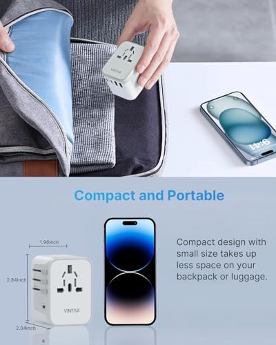 VINTAR Universal Travel Adapter: All-in-One Power Converter with 6 A Output, 3 USB-C and 2 USB Ports for Fast Global Charging Across Europe, UK, USA, and Australia – Essential Travel Accessory for Effortless Device Connectivity and Safety Features