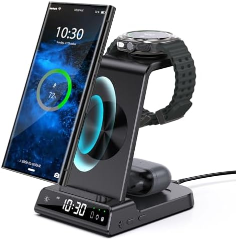 Upgrade Your Charging Experience with the Premium 3-in-1 Wireless Charger Station for Samsung Devices – Ultra-Fast Dock for Galaxy S24 Ultra, S23 Ultra, Z Flip 6, Fold 5, Galaxy Watch 7/6/5 Pro, and Buds – Modern Wood Grain Design with Integrated Clock for Enhanced Organization and Style