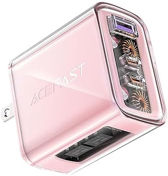 ACEFAST PD65 65 W 3-Port USB C Fast Charging Power Adapter – Sleek Pink Foldable Charger for i Phone, i Pad & Laptops – Efficient Multi-Device Rapid Charging Solution for Tech Enthusiasts – Compact and Portable Design for On-the-Go Power Needs