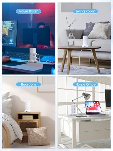 Ultimate Tower Power Strip Surge Protector – 12 AC Outlets & 4 High-Speed USB Ports (2 USB-C) with 6 FT Flexible Extension Cord – Versatile Charging Station for Home, Office, Dorm & Travel (Black) – Unmatched Safety & Space-Saving Design