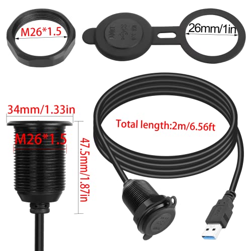 QIANRENON 5 Gbps USB 3.0 Waterproof Panel Mount Extension Cable with LED Indicator – Durable Aluminum Housing for Cars, Boats, and Motorbikes – 2 M (6.5 ft) High-Speed USB Connector for Secure and Reliable Connectivity