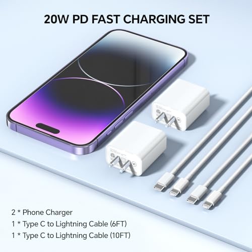 Lightning-Fast 20 W PD Charger Set for i Phone – 6/10 Ft USB-C Fast Charging Cables & Power Block for Ultimate Compatibility with i Phone 14/13/12/11 Pro, i Pad, and More – Dual-Pack for Enhanced Performance on the Go