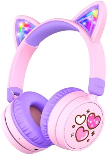 i Clever Kids Bluetooth Headphones with Illuminated Cat Ears – 60-Hour Battery Life, Rapid USB-C Charging, Adjustable Safe Volume Control (74/85 d B) for Toddlers – Ideal for i Pads, Tablets, and Travel in Fun Meow Cookies-Purple – Stylish, Safe, and Resilient for Young Audiophiles
