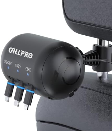 OHLPRO Premium Back Seat Car Charger with Retractable Cables – Multi-Device USB-C PD30 W & i OS PD20 W Charger for Rideshare, Taxis & Long Road Trips – 4-Port Fast Charging Adapter with Easy Cigarette Lighter Installation – Ultimate Travel Companion for Passengers