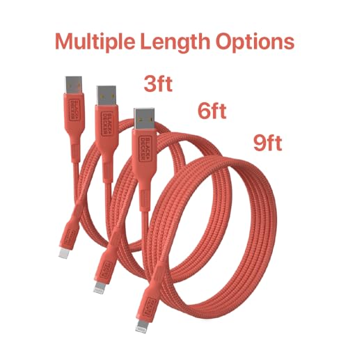 BLACK+DECKER Lightning to USB Charging Cable – Ultra-Fast Charge & Data Sync for All Apple Devices – Durable Braided Construction, Lightweight & Travel-Ready – Versatile Lengths & Color Options, Including Convenient 3 ft Length